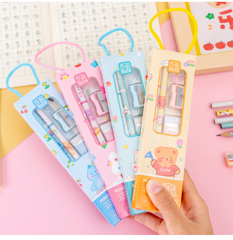 Plastic, Wood Material Cartoon Pattern Cute Style Multifunctional School Stationery Cartoon Children's Day Gift Kindergarten Junior High School Eraser Pencil Sharpener Combination