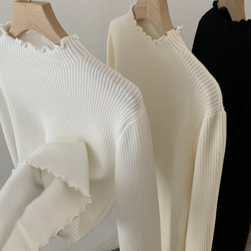 欧玛莱 木耳边立领内里一体绒长袖修身显瘦保暖打底针织衫女 5584