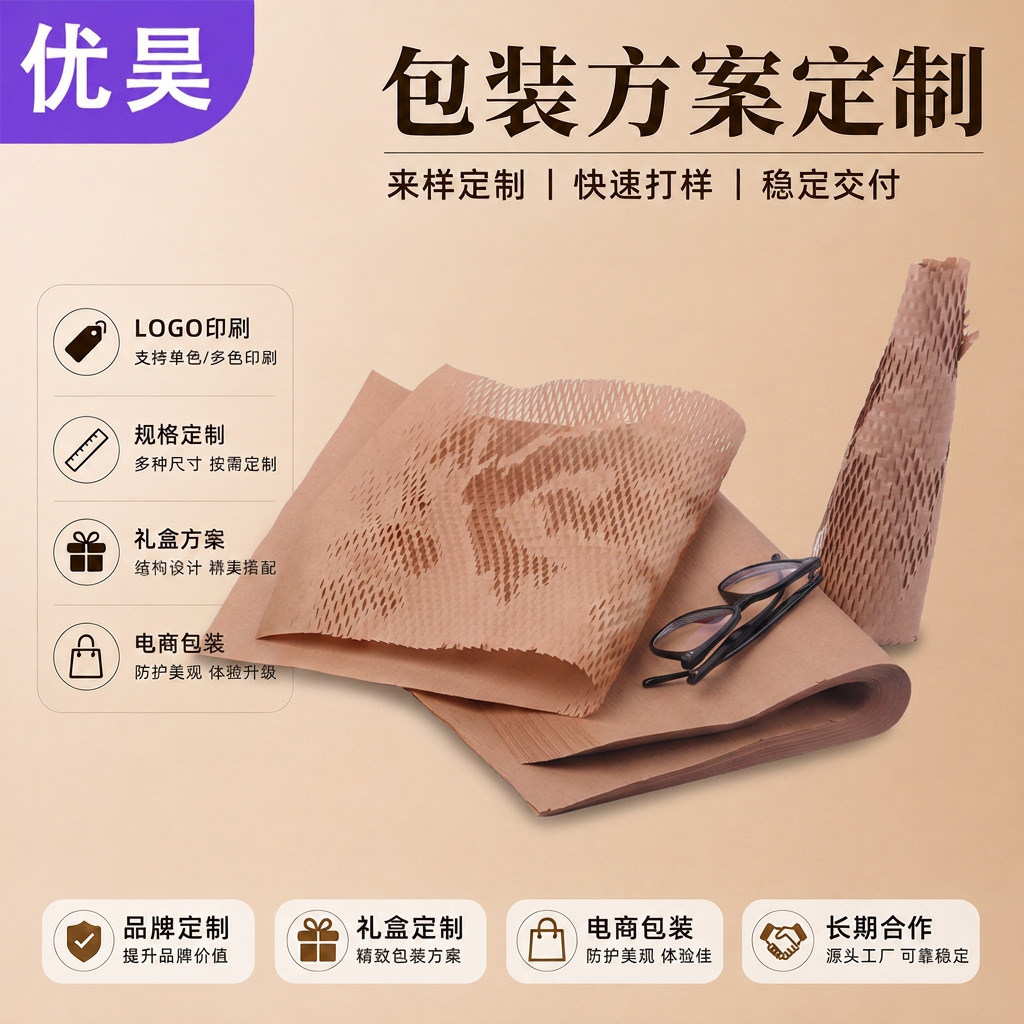 Fabricante de papel de embalaje, suministro directo de papel kraft biodegradable amortiguador de impactos en rollo de rejilla de 80g, papel de nido de abeja ecológico en rollo completo image 3