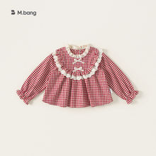 宥宝童装新款衣服红格子衬衣秋季儿童上衣花边蝴蝶结长袖女童衬衫
