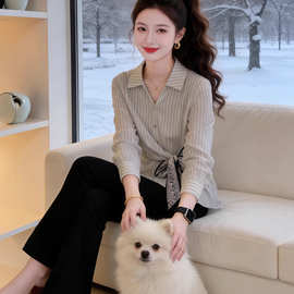 法式长袖丝巾绑带收腰条纹衬衫女春新款chic风V领衬衣上衣A10679