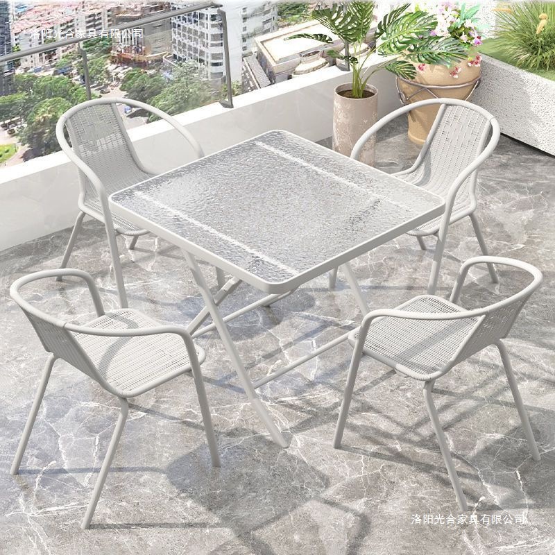 Mesa y silla de balcón de tres piezas, mesas de té casuales, combinación de vidrio blanco plegable, una mesa y dos sillas, mesas de té pequeñas