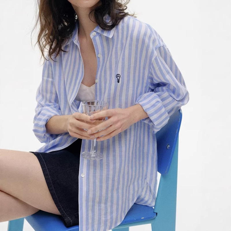 Linen Striped Shirt, Old Money Style, Embroidered Casual Sun Protection Shirt, Long-Sleeved Top, Loose Jacket