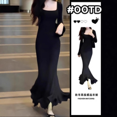 赫本风法式黑色长袖连衣裙女秋季2025新款高级感修身包臀鱼尾长裙