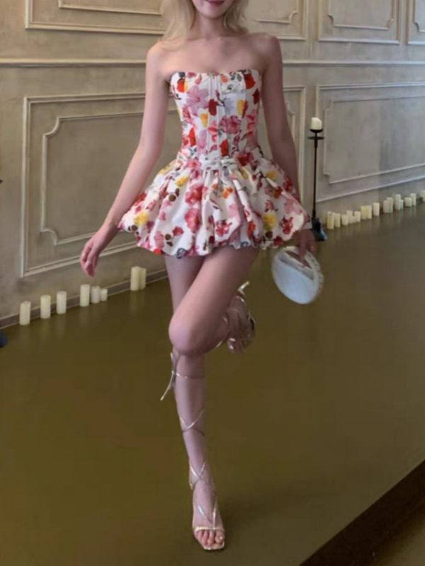 フラワーガールフローラフレンチフィッシュボーンチューブトップスカートスーツ女性のための夏の2025新しいホットガールツーピースセット|undefined
