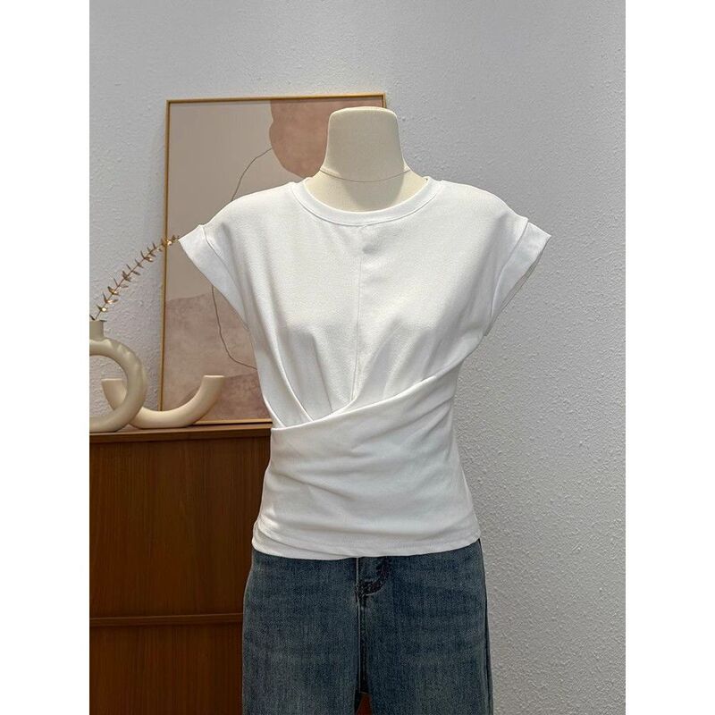Modal Cotton Small Flying Sleeve T-Shirt Women's Summer New Slimming Look Waistcoat T-Shirt Asymmetrical Pleated Versatile Top Modal Cotton Small Flying Sleeve T-Shirt Women's Summer New Slimming Look Waistcoat T-Shirt Asymmetrical Pleated Versatile Top