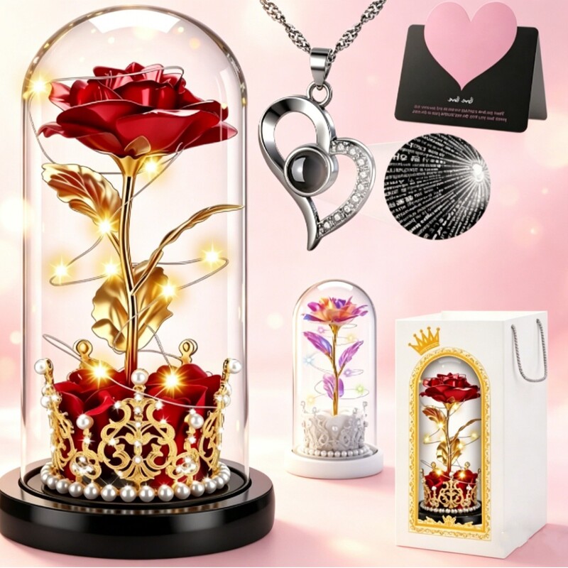 Cross-Border Valentine's Day Rose Flower Eternal Flower Glass Cover with Light Creative Crown Decoration Ornament Girlfriend Birthday Gift Cross-Border Valentine's Day Rose Flower Eternal Flower Glass Cover with Light Creative Crown Decoration Ornament Girlfriend Birthday Gift