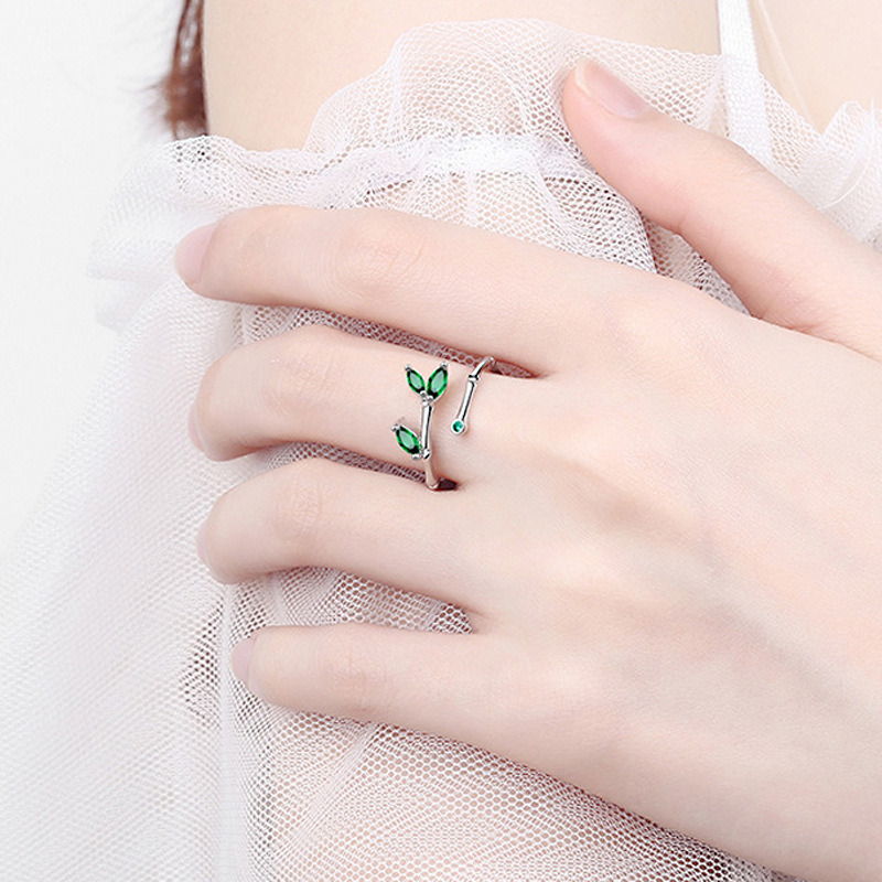 Anillo bambú verde mujer, diseño simple, hoja fresca, apertura ajustable
