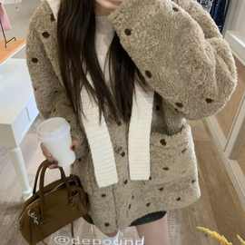 奶茶啵啵 韩系氛围感波点羊羔毛外套保暖加厚防风小个子新款