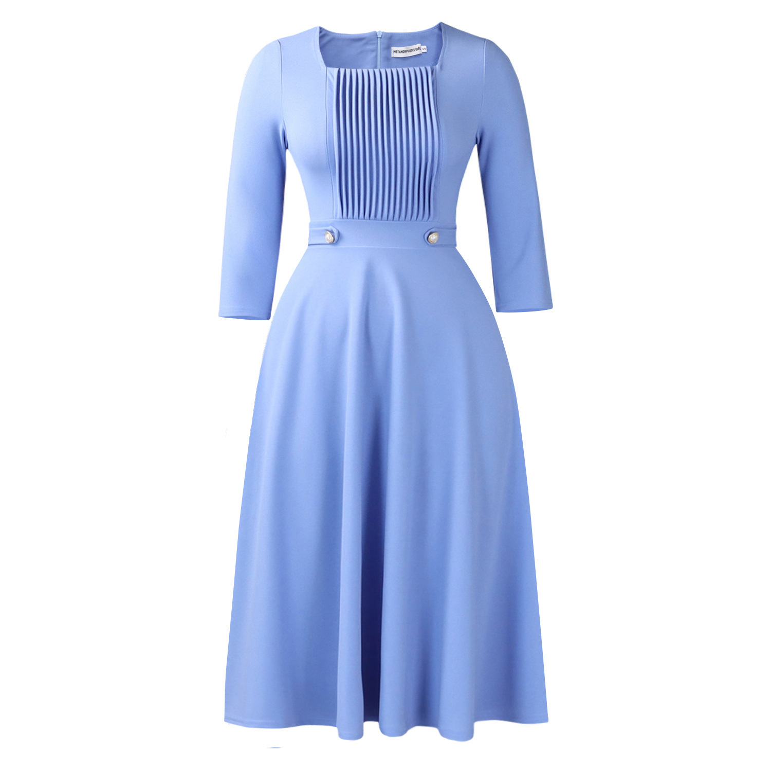 Women's Square-Neck Pleated Solid Color High Waist Dress