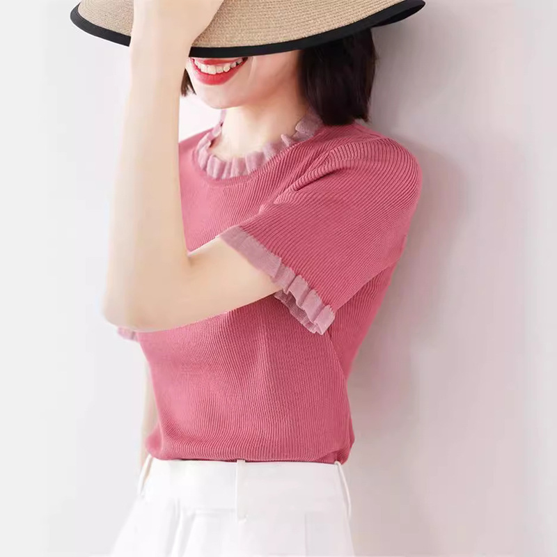 Jinyia 【Special Offer Items Are Non-Returnable】 Soft Organza Collar Short-Sleeved Solid Color Knit Top