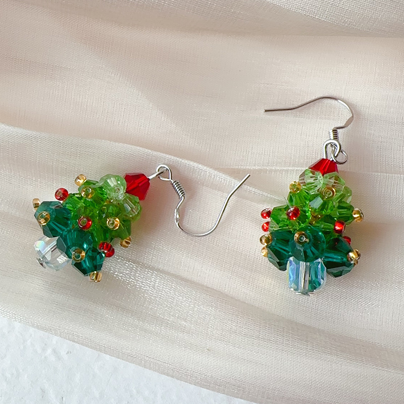 Boucles d'oreilles en perles faites à la main pour fille mignonne avec nœud rouge et sapin de Noël_voghion.com