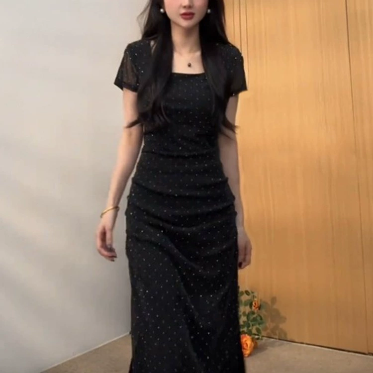 2025 новое модное платье с короткими рукавами и длинной юбкой от дизайнера, летнее платье в стиле легкой роскоши для светских мероприятий