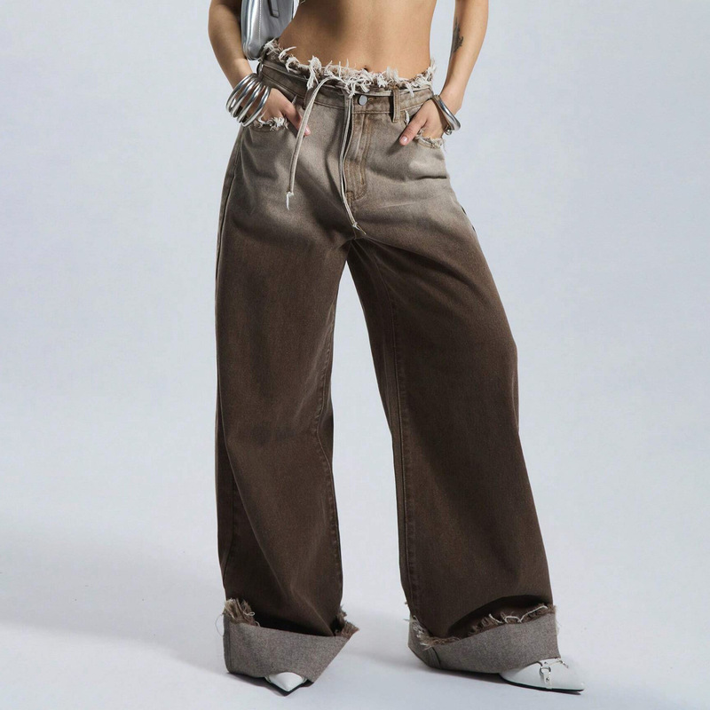 American Retro Waistband Brushed Gradient Jeans with a Versatile and Trendy Design, Wide-Leg Straight Pants for Women