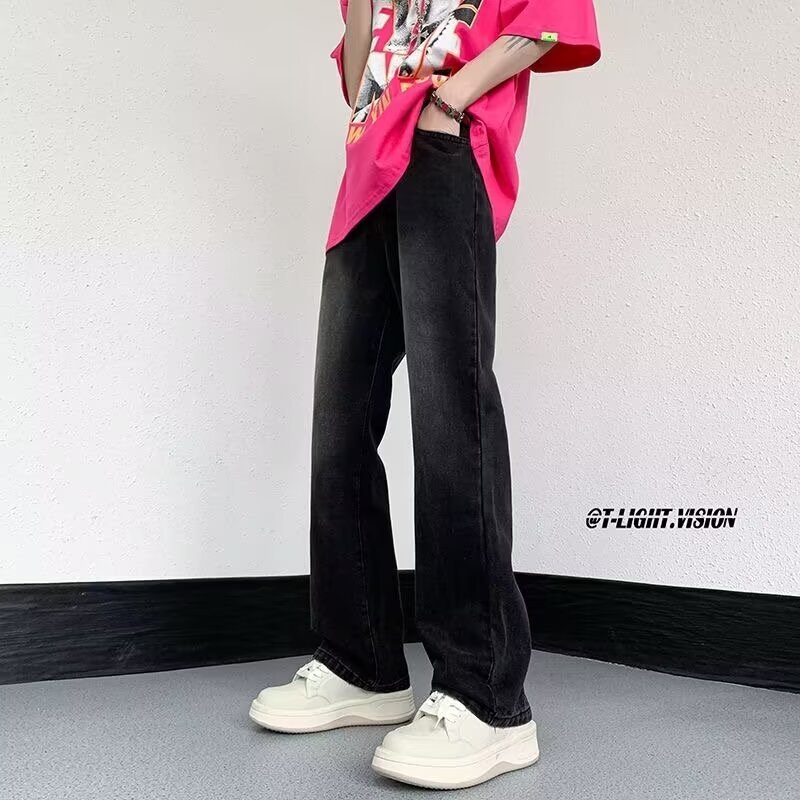 Nuevo estilo americano calle todo-fósforo guapo jeans hombres sueltos rectos casuales hollín pantalones ins tendencia mezclilla