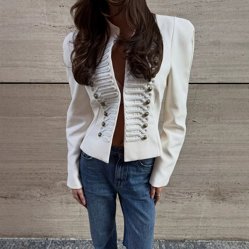 Real photos of the new cross-border retro court-style multi-button Napoleon jacket with built-in shoulder pads, stand-up collar, and fitted waist for women