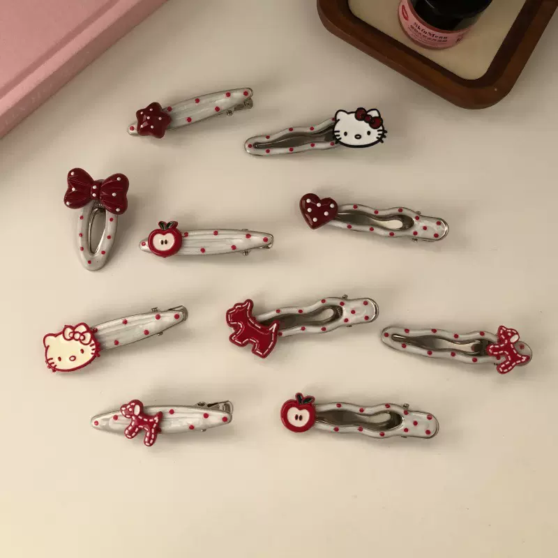 安克拉红爱心发夹苹果波点新款发卡甜美可爱侧边刘海夹蝴蝶结发饰