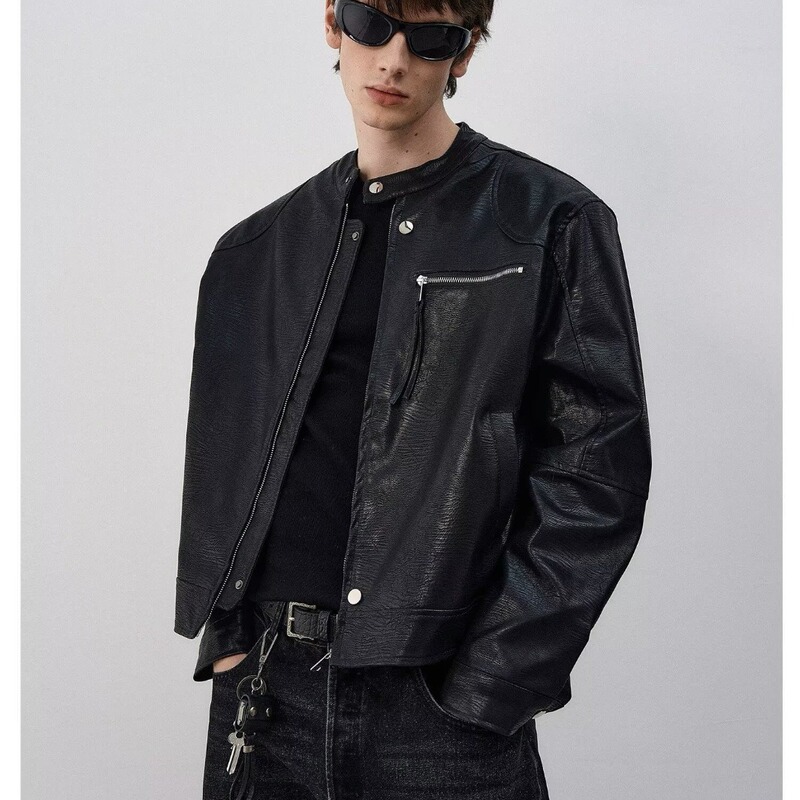 American-style design stand-up collar PU leather jacket for men, 2026 new trendy brand, stylish short biker jacket for men