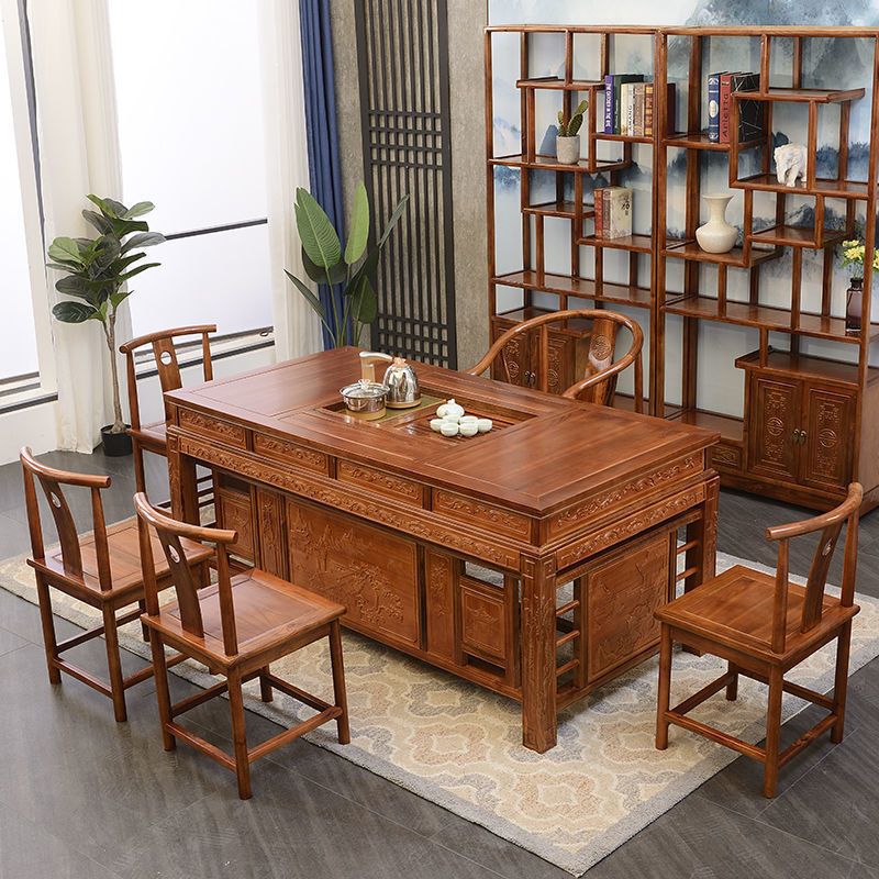 Tea tables and chairs solid wood combination Chinese style suit one Kungfu Online household Tea Service Elm Make tea A few tables One piece On behalf of