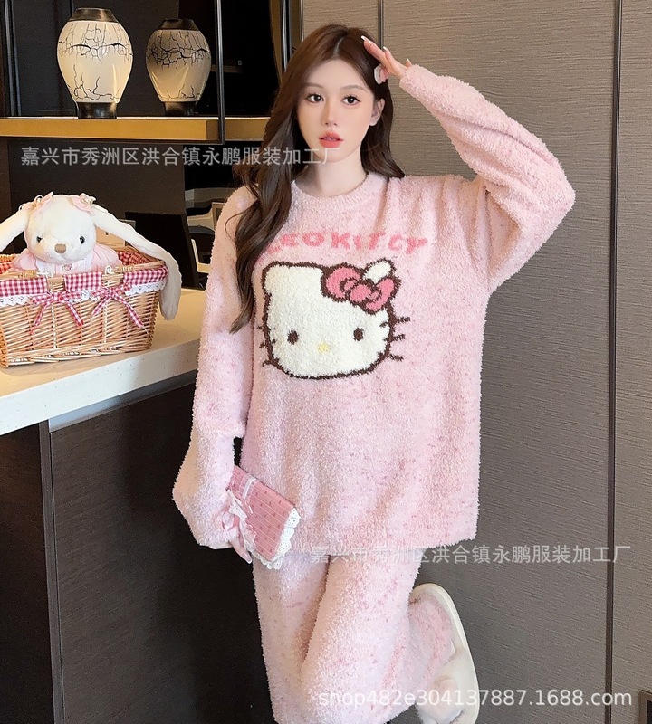 新商品の半分の毛のパジャマの女性の秋冬の少女の甘いKittyのかわいい家の服のスーツの凱蒂猫|undefined