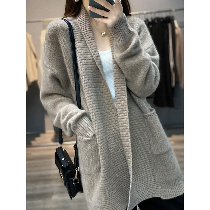 2025 New Autumn and Winter Long-Sleeved Lapel Mid-Length Pure Wool Knitted Cardigan Fashionable Alalana Buttonless Cardigan