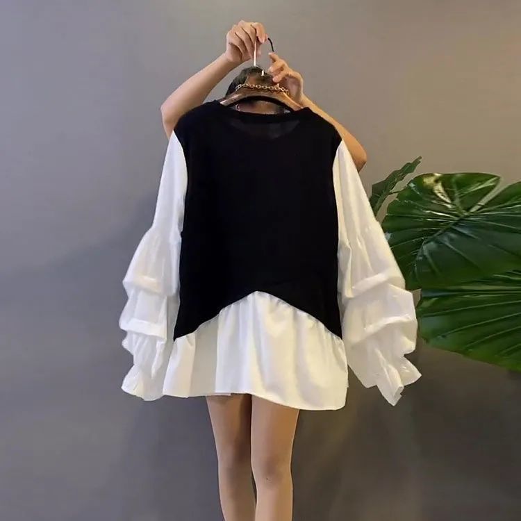 卫衣斤特胖妹妹不规则泡泡袖衬衫拼接假两件上衣大码女装潮妈300|undefined