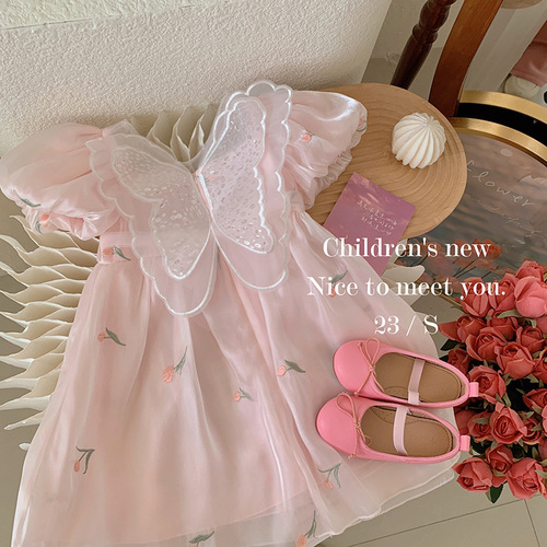 2024 new summer girls' sweet three-dimensional sequin wings embroidered flower puff sleeve short-sleeved princess dress