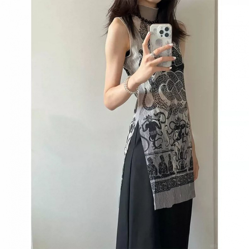新しい中国風のレトロなプリントデザインの軽量メッシュスリットベスト女性の夏のホットガール痩身ハーフタートルネックトップ|undefined