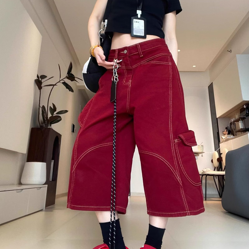 American Style Retro Red Capri Pants Jeans Men's Summer Wide Leg Loose Design High Street Open Line Tooling Jeans American Style Retro Red Capri Pants Jeans Men's Summer Wide Leg Loose Design High Street Open Line Tooling Jeans