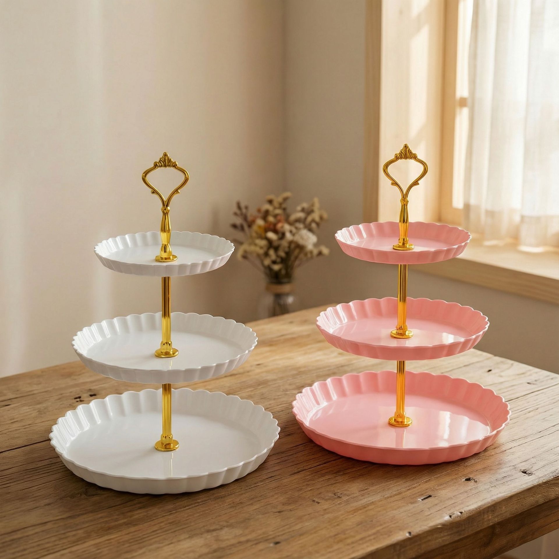 Plato de frutas de plástico transfronterizo de dulces de lujo ligero de alta calidad platos de dulces de recepción de boda de tres capas estante de almacenamiento de pastel