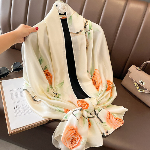 New Korean style sun protection silk scarf for women, thin scarf and shawl for summer wear, long oversized beach gauze print
