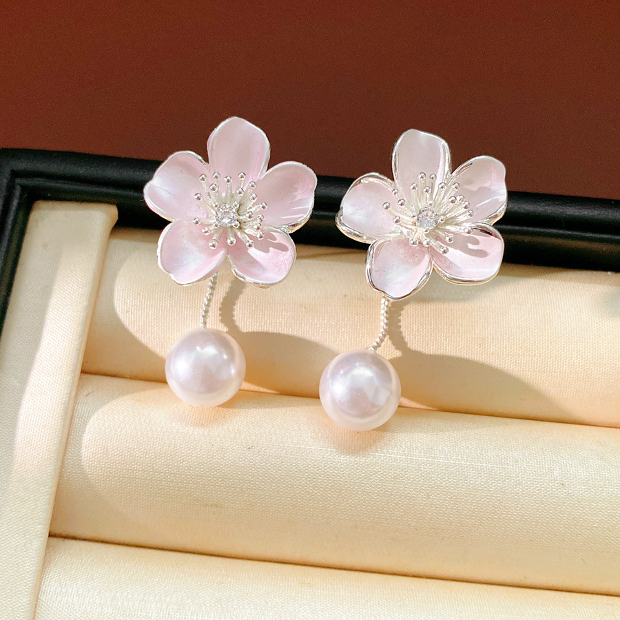 Aguja de plata zircon goteo flor perla pendientes pequeños frescos dulces accesorios de vacaciones pendientes lujosos de alta calidad pendientes