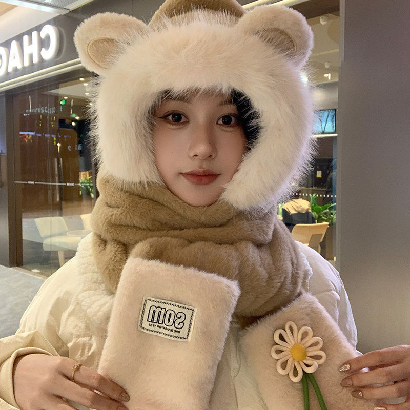 时尚可爱小熊围巾手套一体毛绒帽子女显脸小户外防寒保暖护耳帽潮|undefined