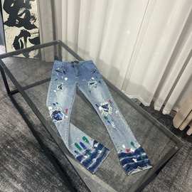 欧美街头hiphop涂鸦印花印染水洗阴阳拼接青年高街小脚牛仔裤破洞