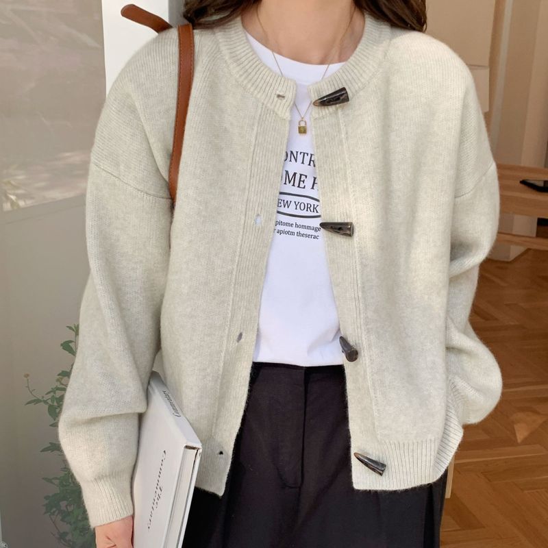 复古牛角扣毛衣开衫女秋冬新款韩版高级感宽松短款针织开衫外套女|undefined