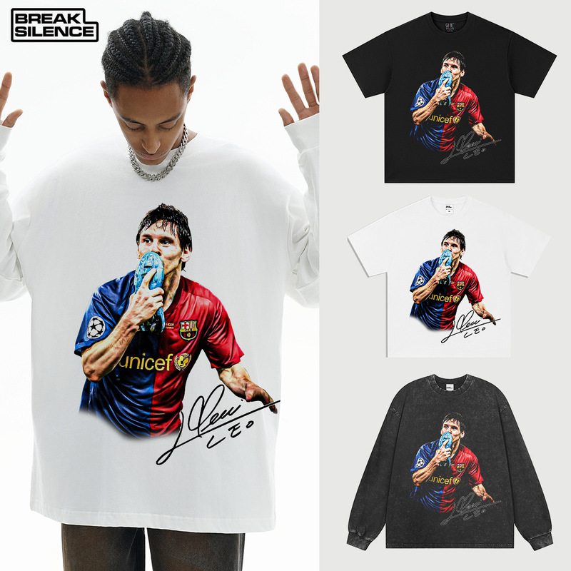 Cross-border Special for Messi Football Direct Printing Heavy Small Collar Long Short Sleeve T-shirt Solid Color Cotton for Men and Women
