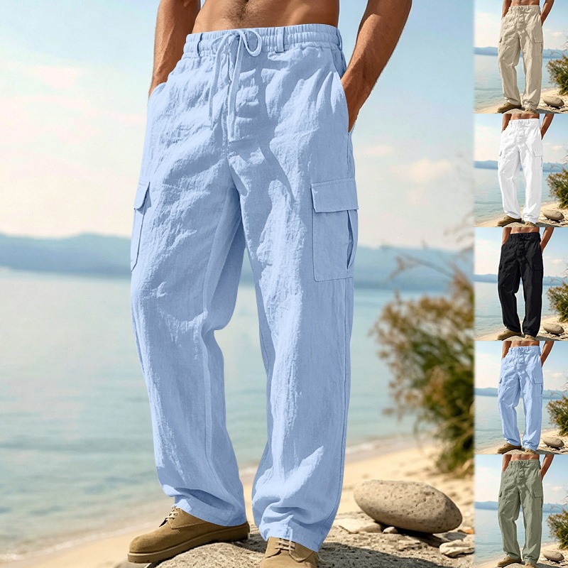 KOOSSOASIS Men's Summer Linen Overalls Loose Breathable Casual Pants Cotton And Linen Beach Pants_viptrois.com