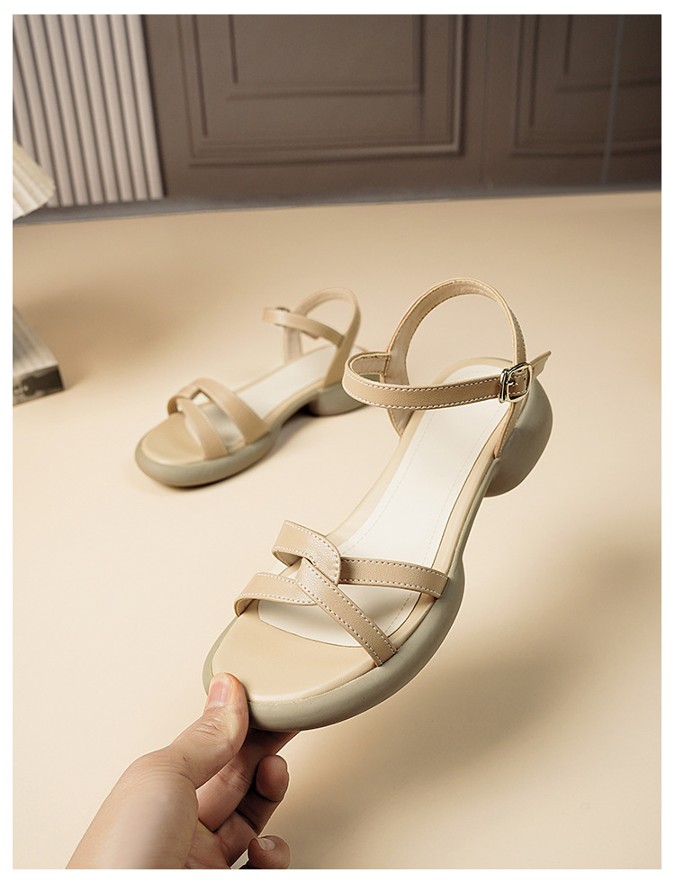Sandal nữ đế bằng da thật quai chữ V mùa hè chống trượt — Màu đen chi tiết 25