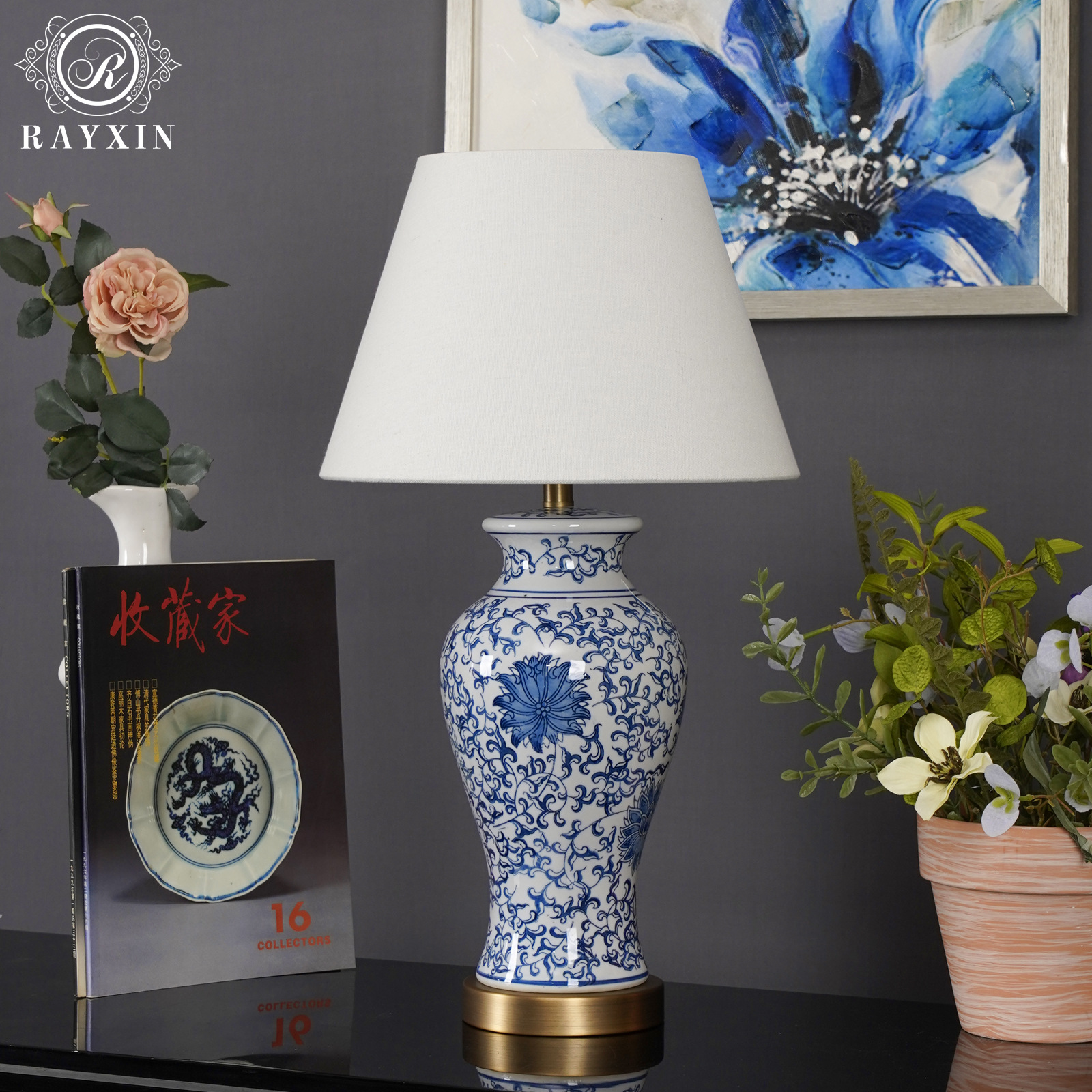 New Chinese Style Blue and White Ceramic Table Lamp, Antique Style Living Room, Bedroom, Warm Bedside Lamp, Club Tea Table, Desk Decorative Lamp