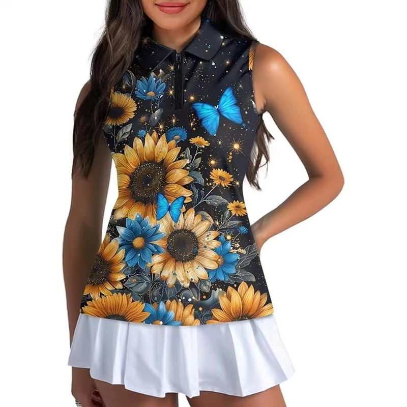 European and American Cross-Border Popular Women's Sleeveless Polo T-Shirt with Butterfly, Sunflower, and Starry Sky Print for Golf Sports European and American Cross-Border Popular Women's Sleeveless Polo T-Shirt with Butterfly, Sunflower, and Starry Sky Print for Golf Sports