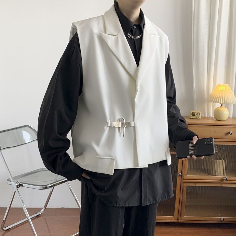 Spring and Autumn Trendy Brand Influencer Suit Collar Vest for Men with Unique Design, Korean Style Workwear, Cool and Stylish Top for Hairstylists