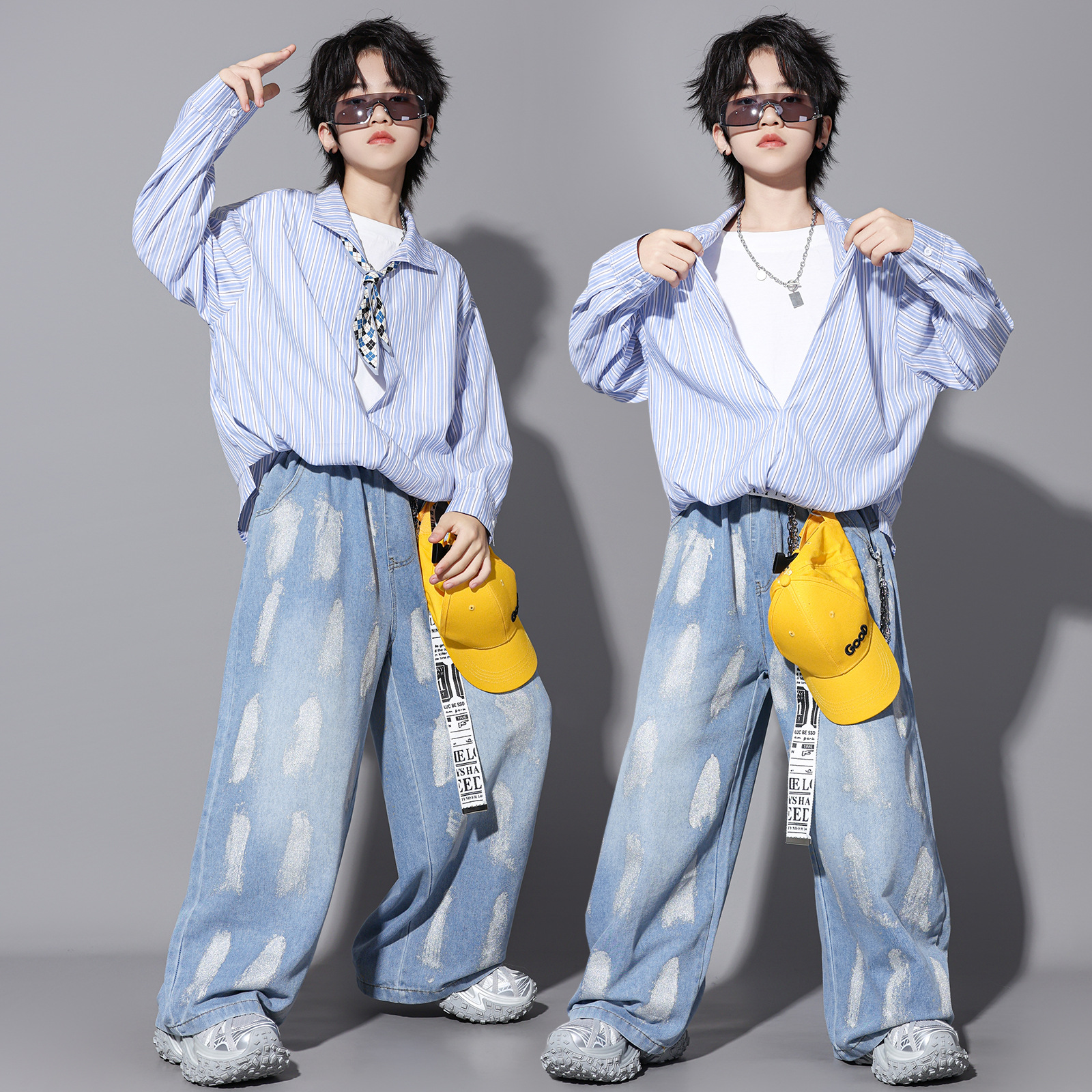少儿hiphop街舞演出服男女童元旦酷帅儿童嘻哈走秀衬衫牛仔裤套装