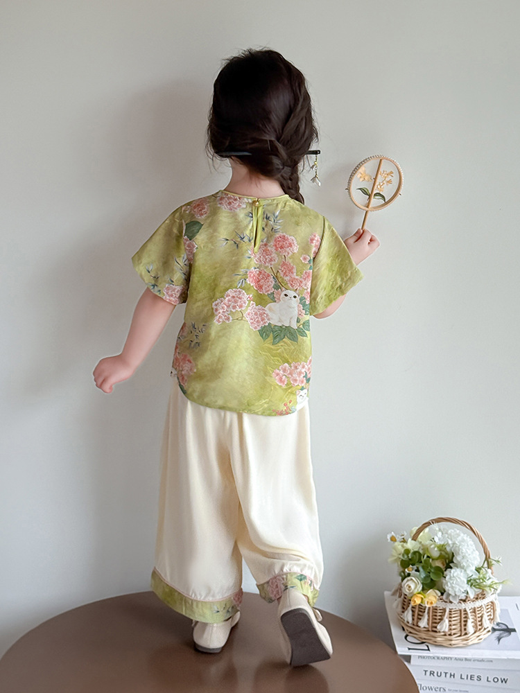 Hanfu niñas traje de estilo chino verano 2025 nuevos pantalones anchos para niños de dos piezas nuevo ropa china para bebés