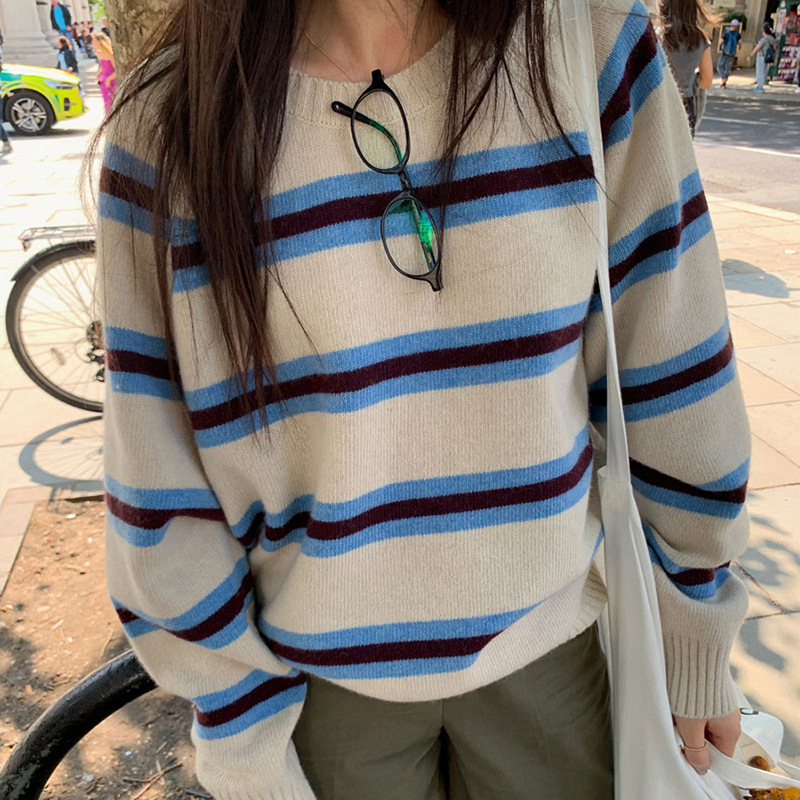 Striped Contrast Color Round Neck Pullover All-matching Knitwear Sweater