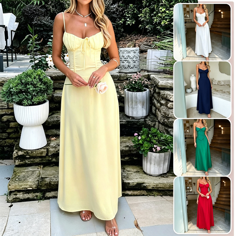 2026 Spring/Summer Square Neck Strap Dress European and American Style Waist-Cinching Mermaid Long Dress Women's Wholesale 2026 Spring/Summer Square Neck Strap Dress European and American Style Waist-Cinching Mermaid Long Dress Women's Wholesale