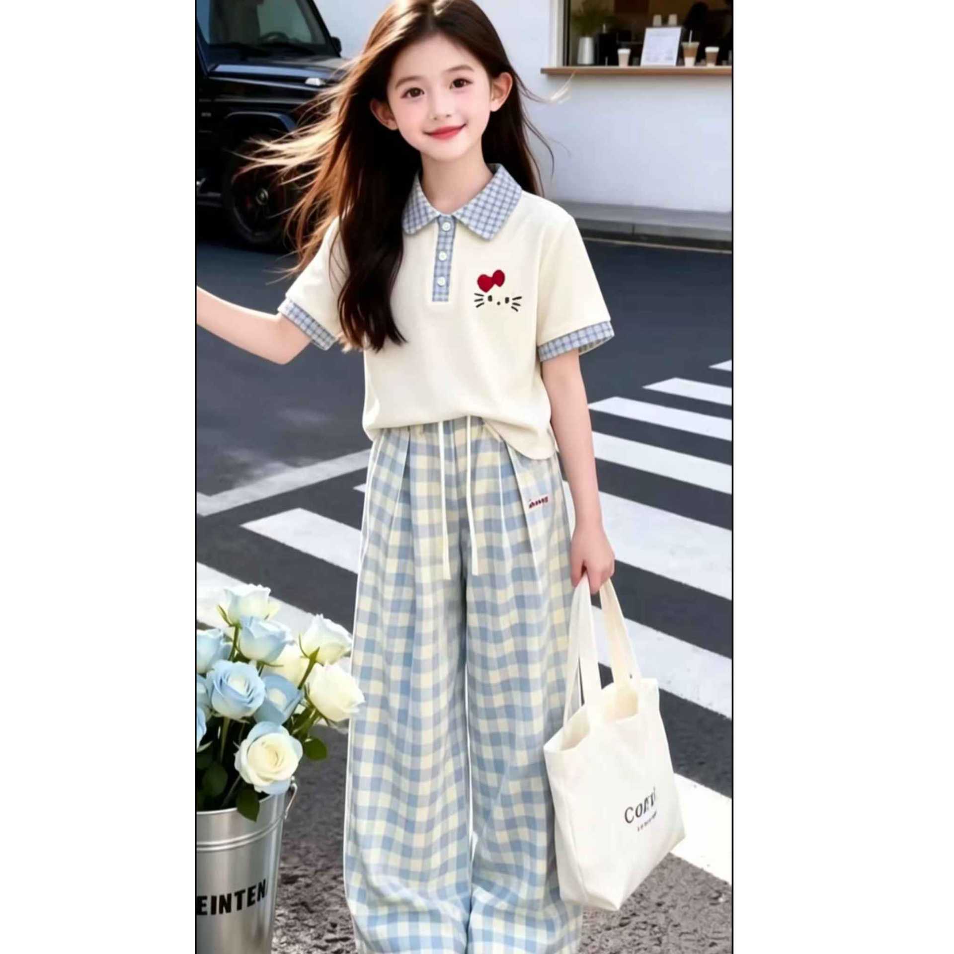 New summer short-sleeved polo shirt and wide-leg pants two-piece set for junior and senior high school students, fashionable and preppy style.