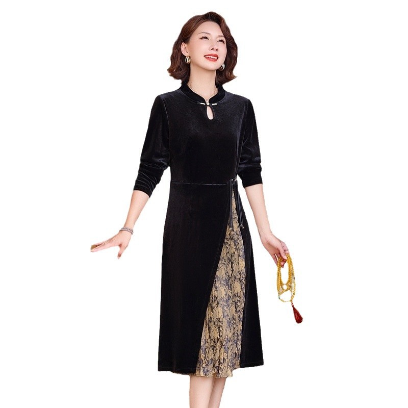 中年妈妈冬装新中式复古金丝绒连衣裙2024新款洋气秋冬国风长裙子