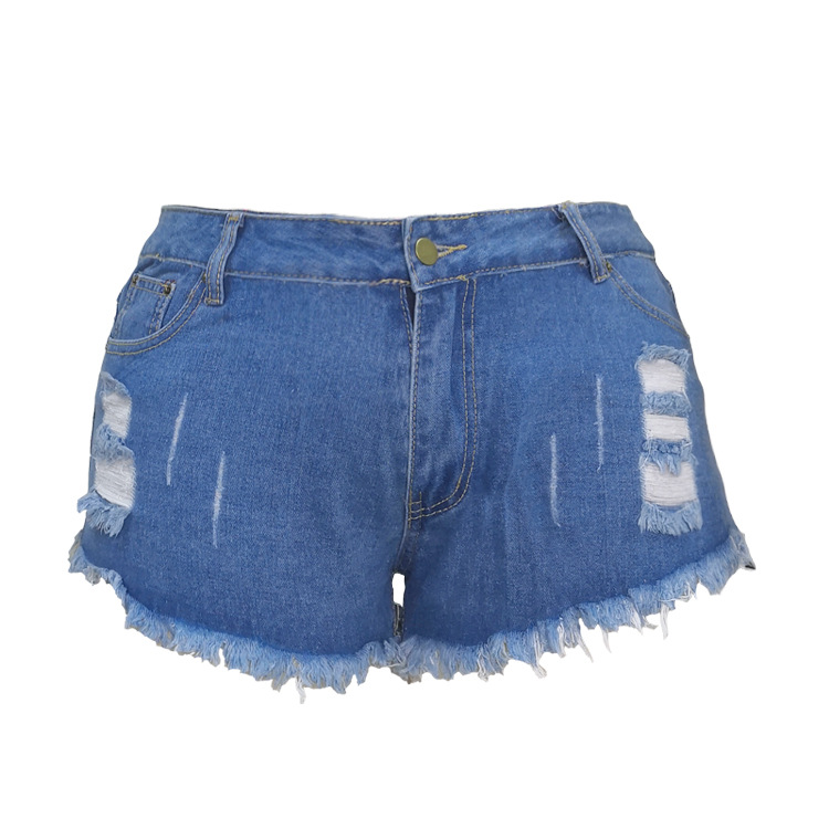 plus size slim high waist hole raw edge denim shorts NSWL131026