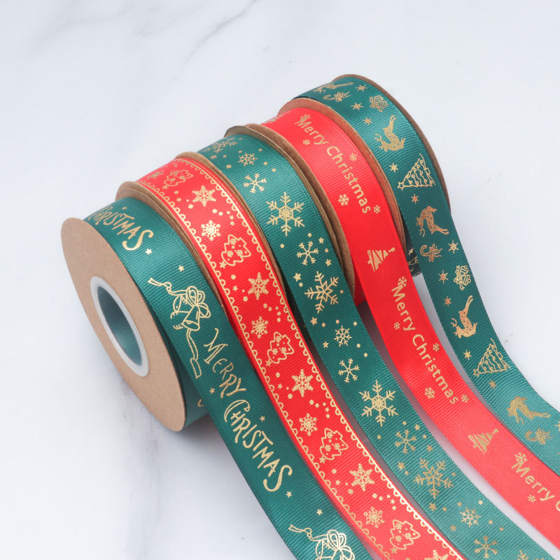 Christmas Ribbon Three-dimensional Hot Stamping Ribbon Gift Packaging Material Ribbon Wholesale Red and Green Christmas Ribbon Gift