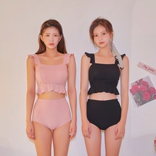 2020韩国新款泳装分体纯色荷叶边聚拢高腰性感比基尼保守泳衣女